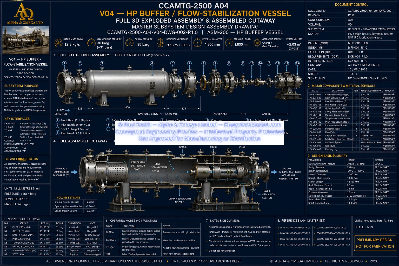 V04 HP Buffer Flow Stabilization Vessel Exploded Assembly and Cutaway View